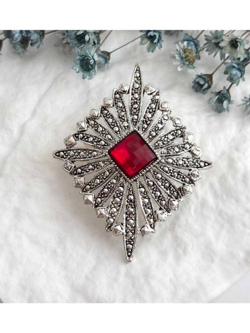 Art Deco Marcasite Accented Red Rhinestone Silver Toned Vintage Brooch